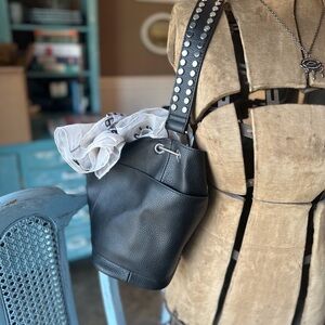 Steve Madden Black Leather Bucket Bag with Studded Strap